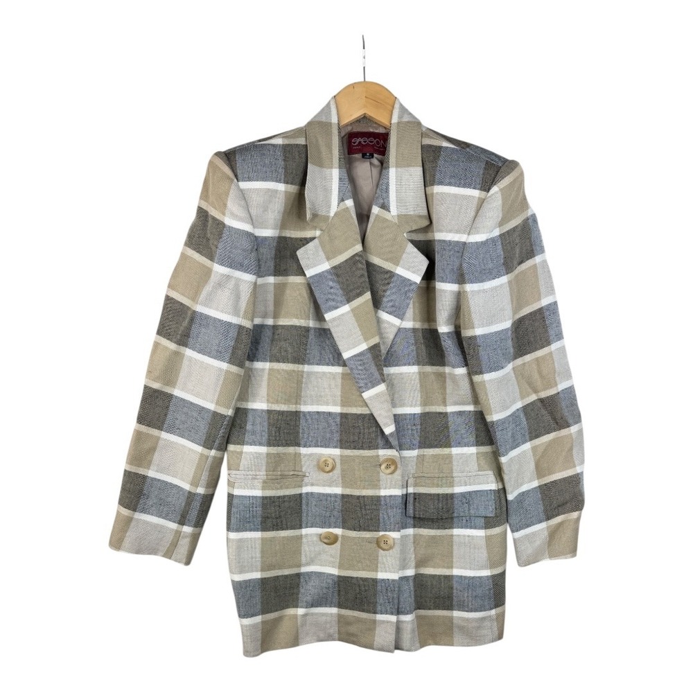 Vintage Sasson Double Breasted Linen Blend Plaid Blazer size‎ 8 Tan/Gray